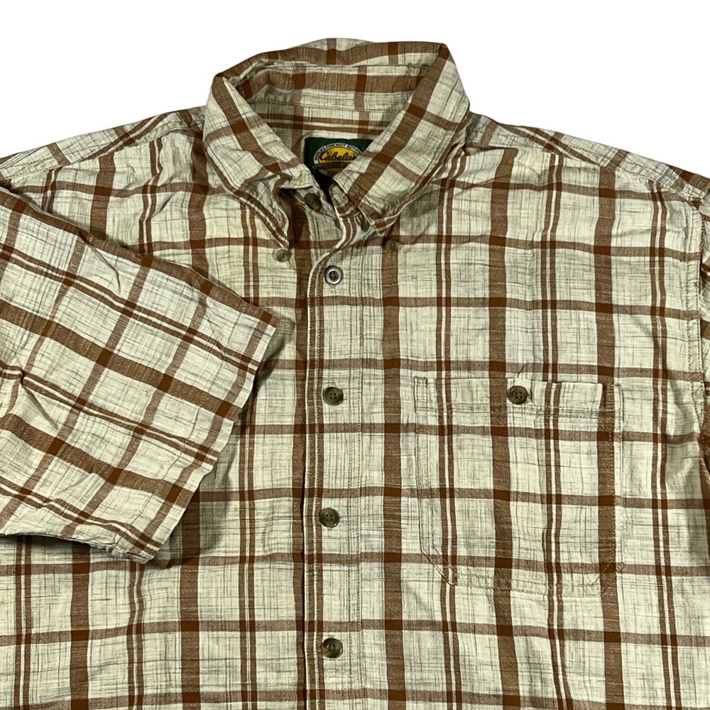 Cabela's Green Brown Plaid Short Sleeve Button Down Shirt Mens Large Tall Cotton